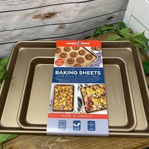 3 Nordic Ware Gold Baking Sheets Trays Half Quarter Cookie Aluminum Non Stick